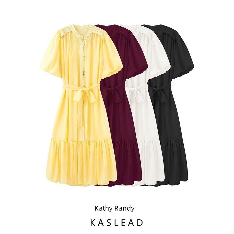Kaslead New Women clothes Western Style Two-piece Set High Sense Frill Temperament Puff sleeve Dress