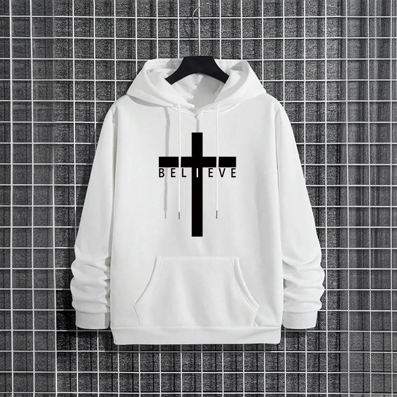 2025 Autumn Winter Hoody Outerwear Jesus Cross Printed Men Hoodies Urban Casual Streetwear Fashion Hooded Sweatshirt Male Trendy