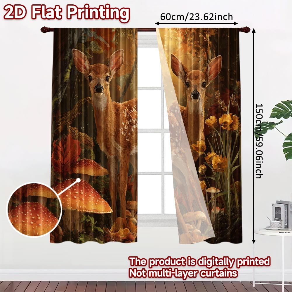 2 Stück, 2D-FLACHDRUCK Vorhänge (Ohne Stange) Forest Fawns Weihnachtsferienvorhänge mit Digitaldruck Polyestervorhänge