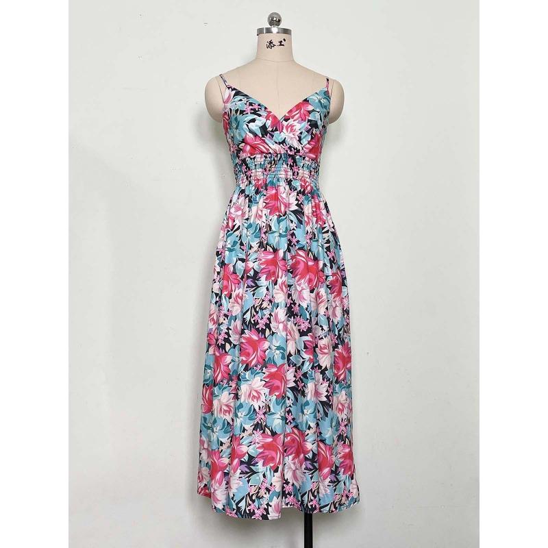 Summer Floral Printing Suspender V-neck Dress Women Elegant Loose Slim Waist Holiday A-line Party Dresses Sleeveless Fashion Casual Women's Clothing