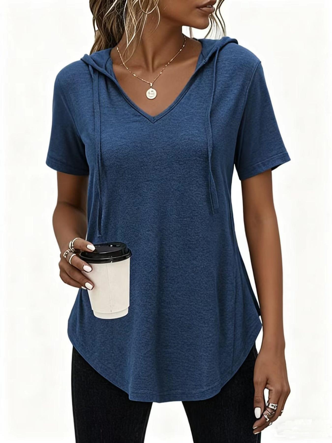 

Women s Teal V-Neck Hooded Short Sleeve Top with Drawstrings 5XL Темно-синій