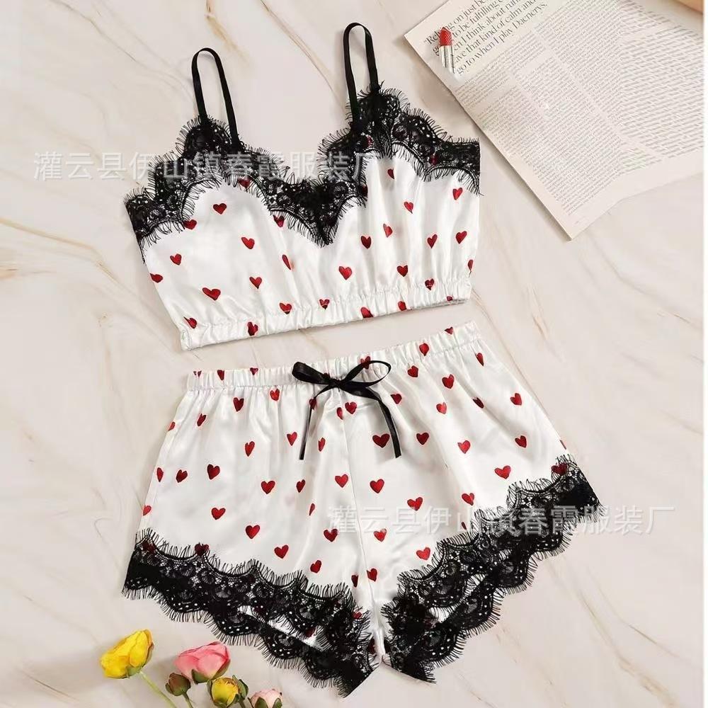 2026 new summer sexy pajamas satin three-piece loungewear love print women S