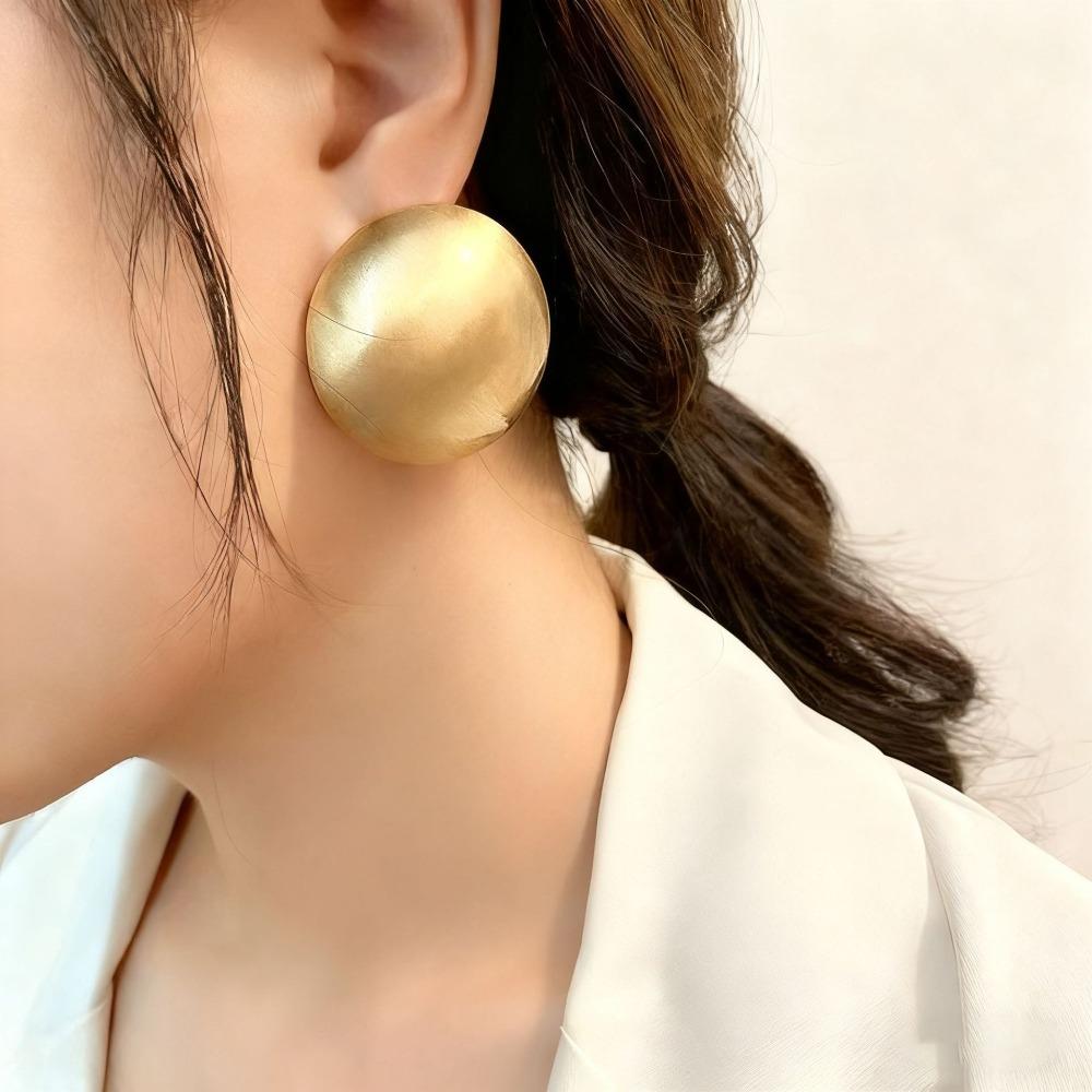 Retro Exaggerated Gold Color Brushed Geometric Spherical Large Stud Earrings for Women Korea Fashion Piercing Earrings Jewelry