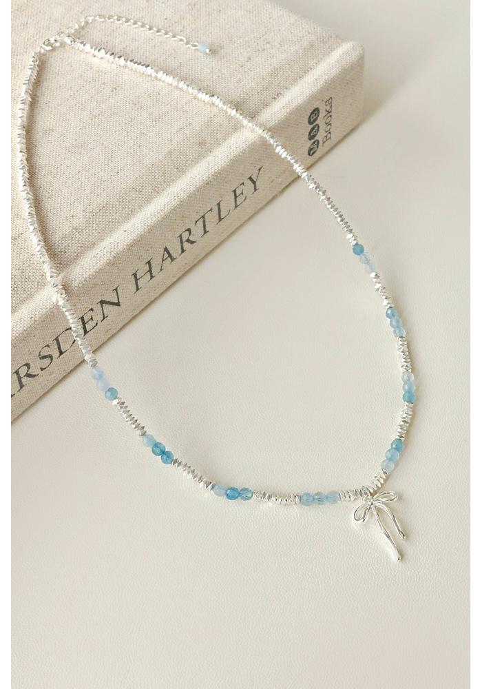 Chic French Sweet Blue Beaded Sterling Silver Bow Necklace & Bracelet Set