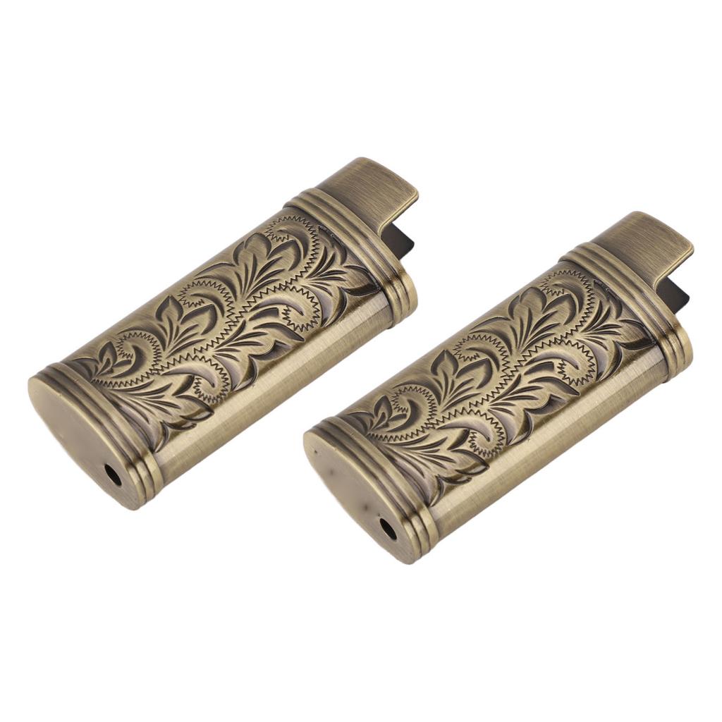 2pcs Retro Lighter Case Compact 3D Floral Stamped Engraving Zinc Alloy Protective Case Cover Bronze