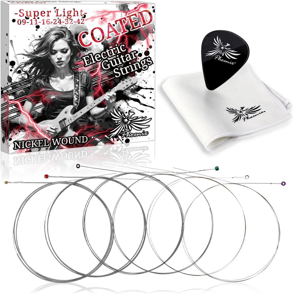 Phoenix Coated Strings for Electric Sound Hard to Pole Cleaning Cloth and Pick Extended Warranty of 45 Days Guitar, Nickel, Well-balanced Quality,