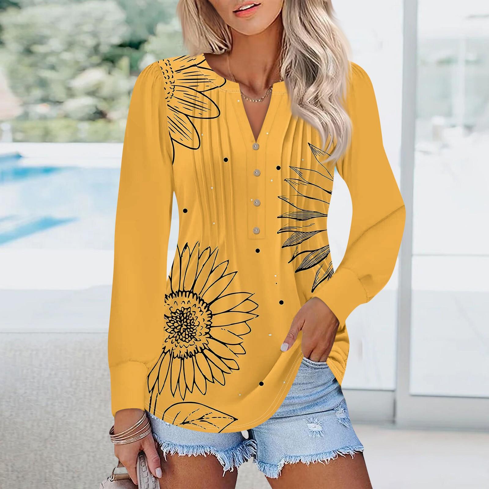 

Женская мода рукава-фонарики плиссированные V-образный вырез цветочный принт футболка туника топ XL жёлтый