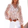 2026 New Spring and Autumn Women's V-neck Chiffon Top Lantern Sleeve Floral Casual T-shirt