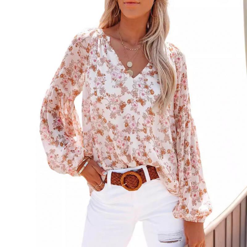 2026 New Spring and Autumn Women's V-neck Chiffon Top Lantern Sleeve Floral Casual T-shirt
