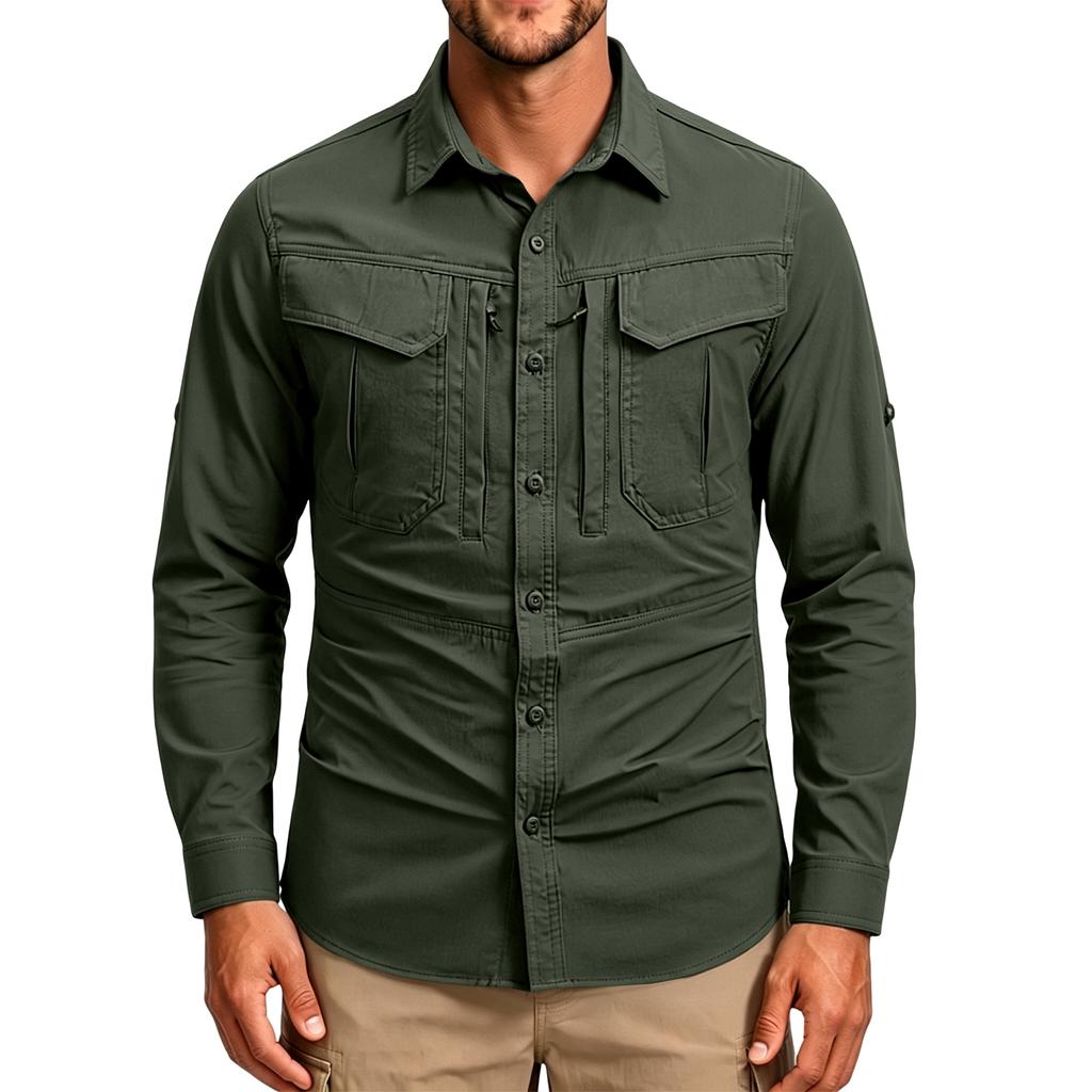 Men's Vintage Work Shirt Long Sleeve Casual Button Down Shirt Loose Fit Utility Shirt with Chest Pockets Outdoor Workwear Shirt