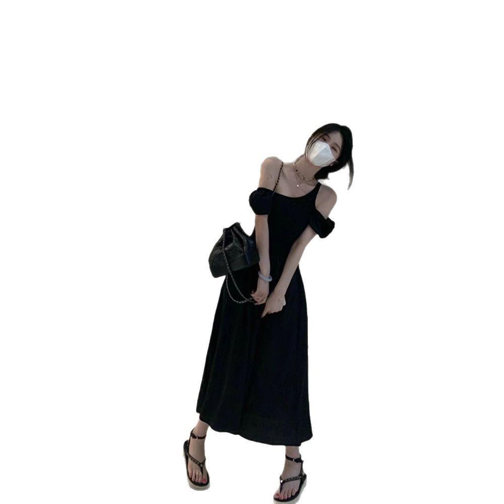 Hepburn style black short-sleeved dress, children's waist temperament design, niche off-the-shoulder long dress, new in summer