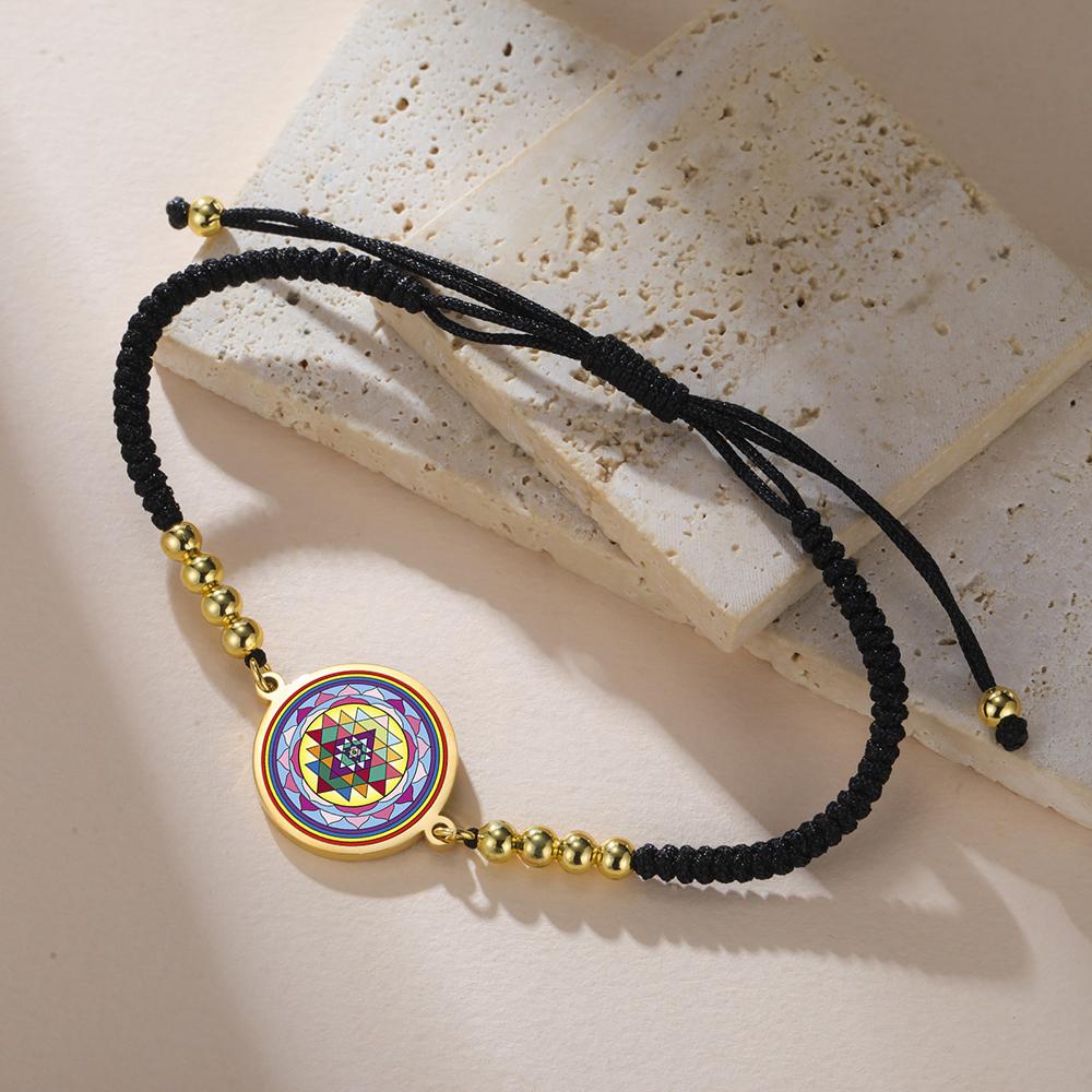 Dawapara Sri Yantra Bracelet Adjustable Braided Rope Sacred Geometry Mandala Chakra Spiritual Jewelry Stainless Steel