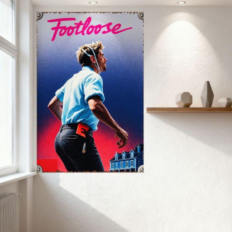 Footloose Film Vintage Retro Metallblechschild, Dynamischer Mann mit stacheligen Haaren Vorstadthaus Dekor für Club Café Bar Man Cave Zuhause