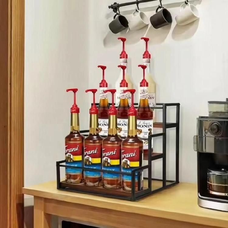 Functional Wooden Wine Rack With Metal Frame Suitable For Kitchen Counter Or Coffee Station