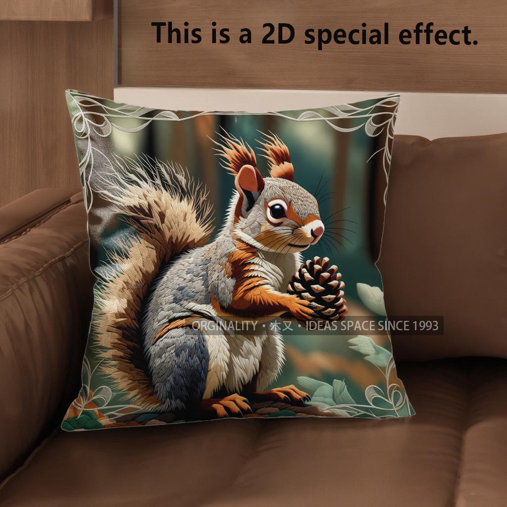 2D Cute Squirrels Holding Nuts Pillow Covers Pattern Cushion Cover Suitable For Sofa Bedroom Car Pillow Cover