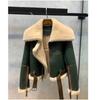 Womens Winter Short Shearling Jacket With Oversized Collar Green Patchwork Faux Fur Coat Cold Weather