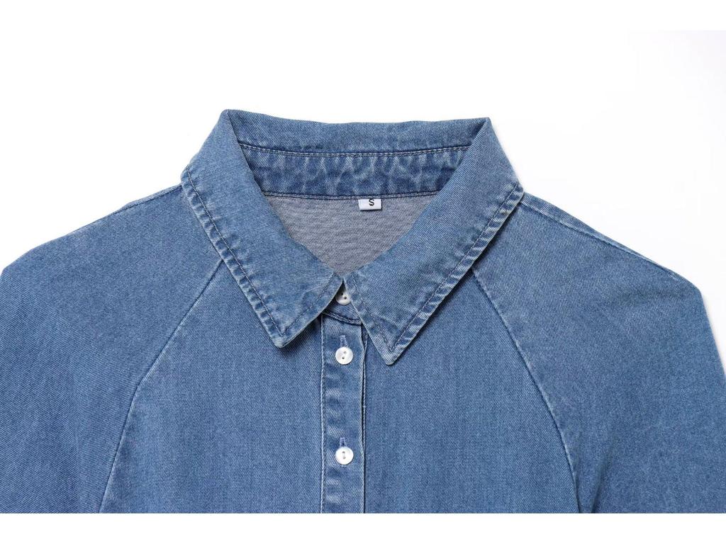 Spring 2025 Retro Lapel Slim-Fit Denim Dress with Belt - European & American Style Women's Short-Sleeve