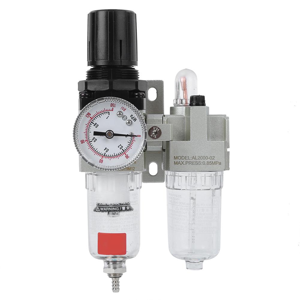 Odlučovač vzduchu, oleje a vody, dvojitá jednotka, tělo z hliníkové slitiny, ochranný kryt z litiny, manometr