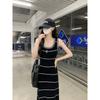 Kumikumi Advanced Sense Retro Contrast Color Crochet Stripe Sling One Piece Dress Women Clothing Summer Waist Hugging Slimming Long Dress