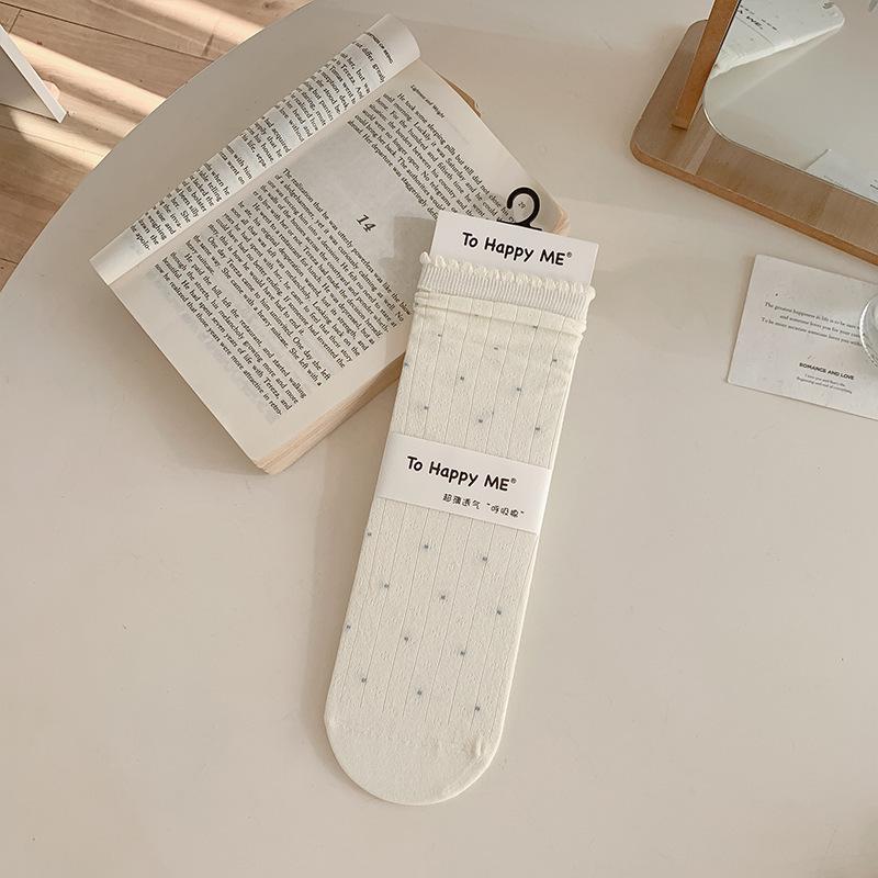 Female Spring and Summer Thin Floral Bow Lace Polka Dot Boneless Tube Pile Socks