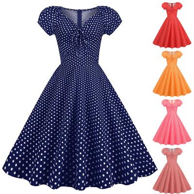 Women's - Retro Skirt With Bubble Short Sleeved Polka Dot Printed Large Skirt Hem Dress