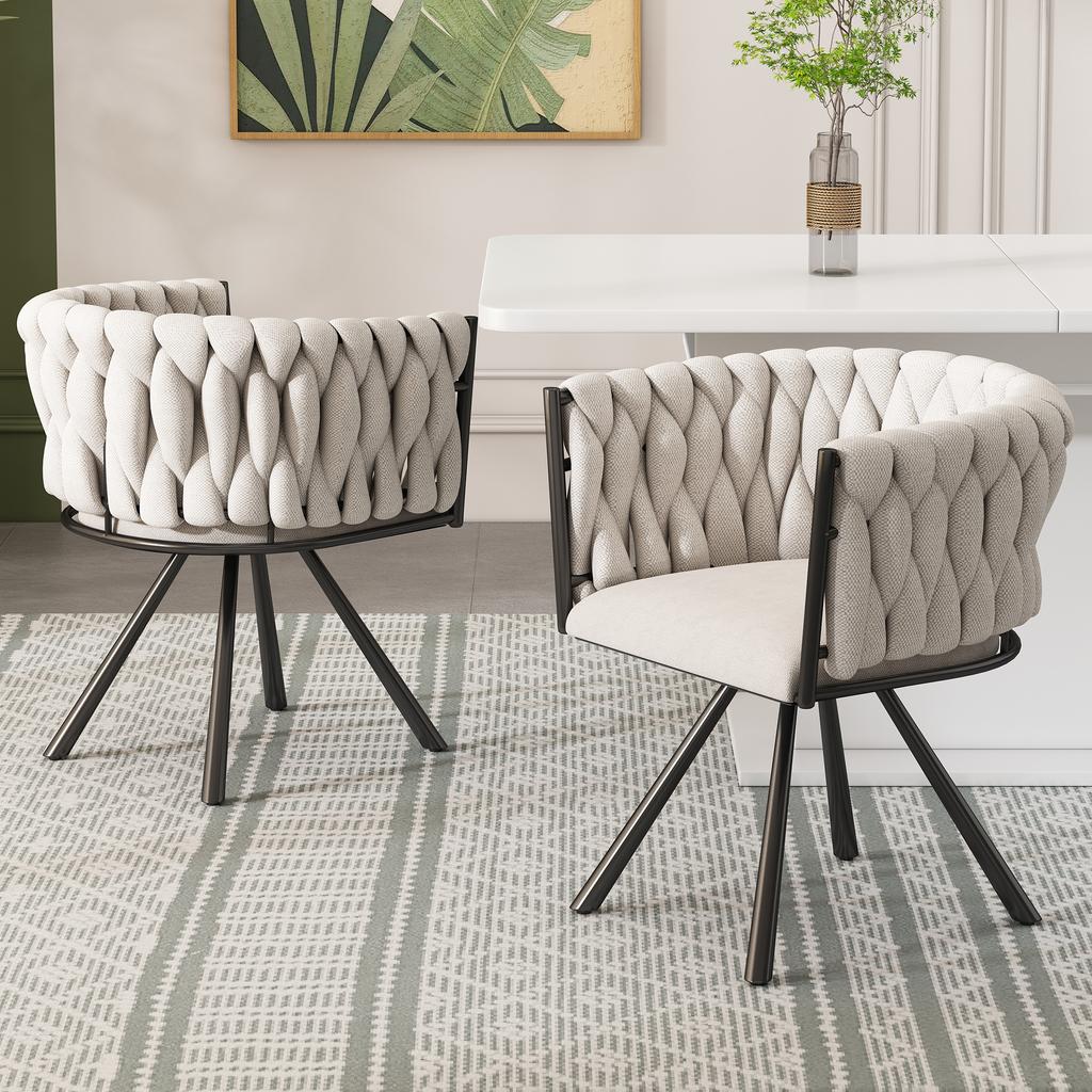 Linen Dining Chair, Set of 2, Light-colored Luxury Living Room Bedroom Swivel Chair, Leisure Chair with Four Metal Support Legs, Linen Beige and Black