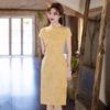 Yellow Cotton Linen Qipao Dress Women Short Sleeve Vintage Fit Slim Mini 2025