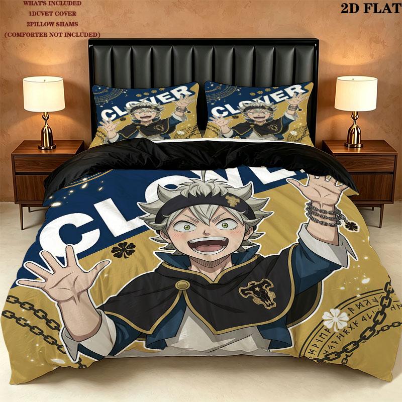 Black Clover Pattern Bedding Quilt Set Quilt Cover Pillowcase Home Birthday Gift(1 * duvet cover + 2 * pillowcase, without core)