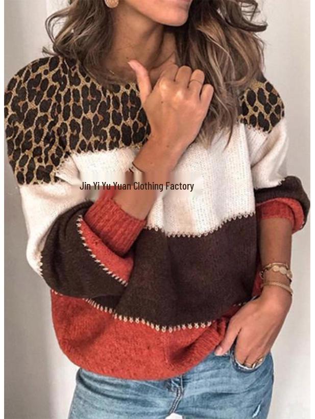 Maglione a blocchi di colore largo con scollo rotondo taglie forti da donna, collezione Primavera 2025, europeo e americano