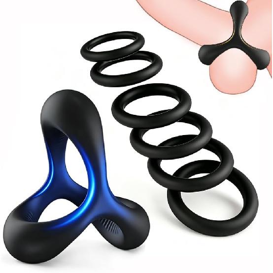 7 Men's Silicone Ring Set and Sleeve for Erection Enhancement, Soft and Elastic Male Sex Toy,Adult Toys for Couples' pleasure(Black and Blue)
