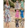 Waist Cinched V-neck Printed Long Skirt Dress Waist Hugging V-neck Print Long Dress