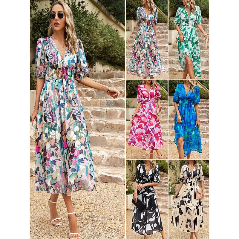 Waist Cinched V-neck Printed Long Skirt Dress Waist Hugging V-neck Print Long dress