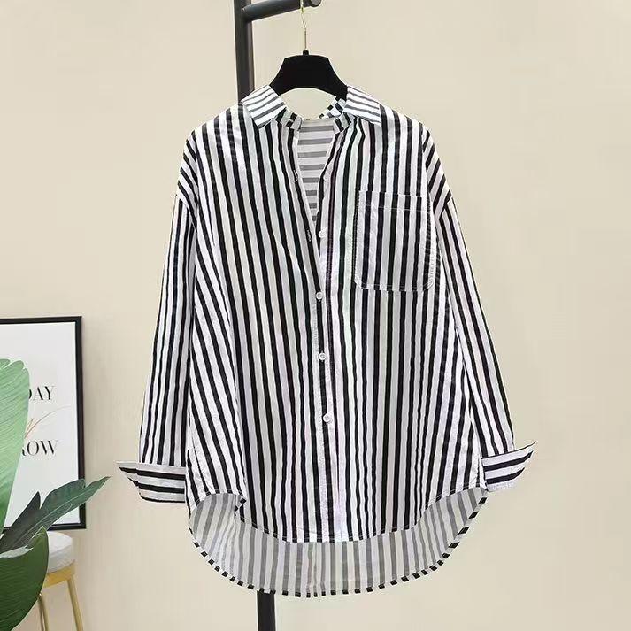 European and American striped vertical loose shirt women's outer wear regular sleeve fashion casual long sleeve shirt summer and summer