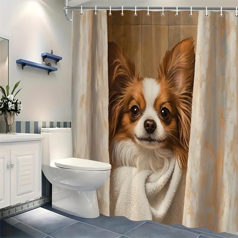 Papillon Dog Shower Curtain 72x72 Polyester Washable – Realistic Towel-Wrapped Portrait, Expressive Eyes & Fluffy Ears, 12 Hooks