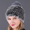 Women's Fur Hat with Rex Rabbit and Fox Fur Pompon for Autumn and Winter