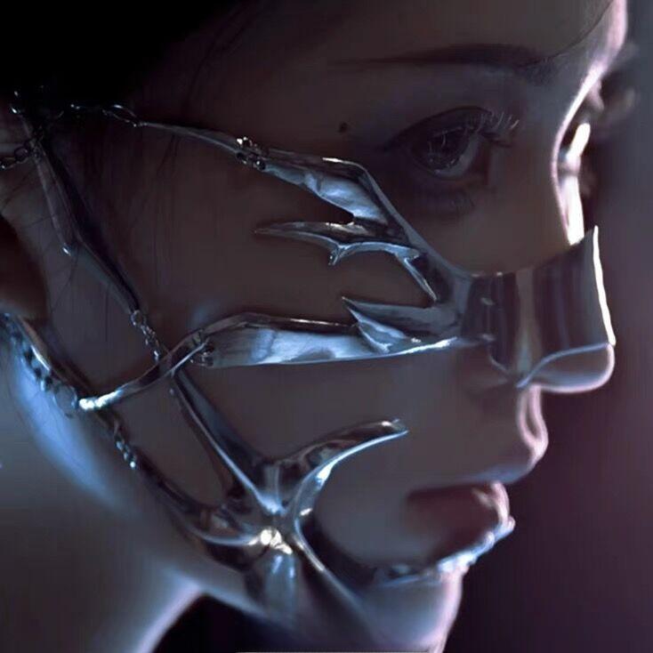 Cyberpunk-Kinnmaske aus Metall mit Mundschutz und Kette – Unisex-Halloween-Gesichtsdekor