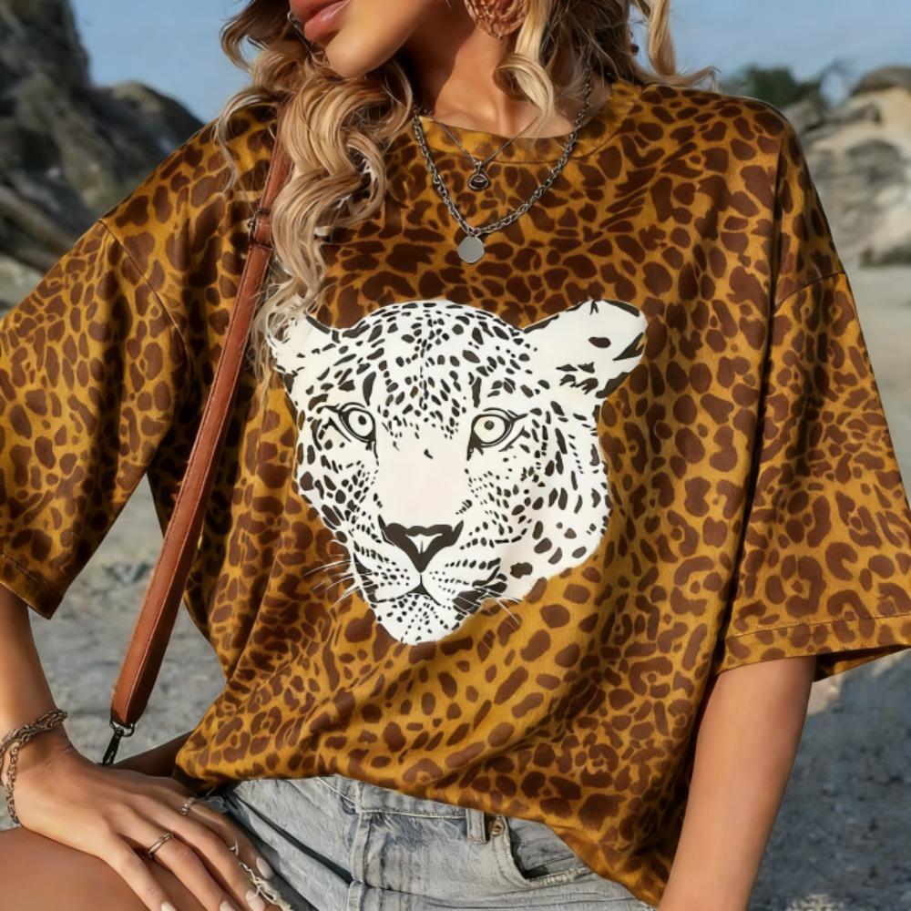 Summer Europe and America Leopard Print T Shirt Women's Short Sleeve Casual Tee Tops Women Retro Street Fashion Oversize T-shirt Clothing