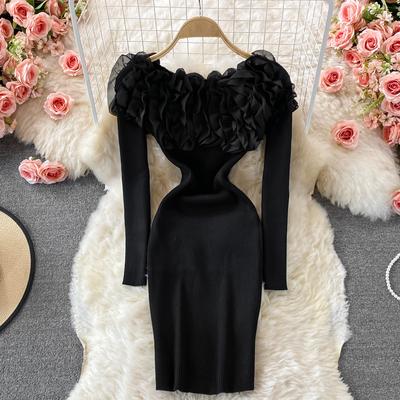 Three-dimensional Flower One-word Neck Off-the-shoulder Hip Dress Autumn and Winter Tight Elastic Knitted Dress