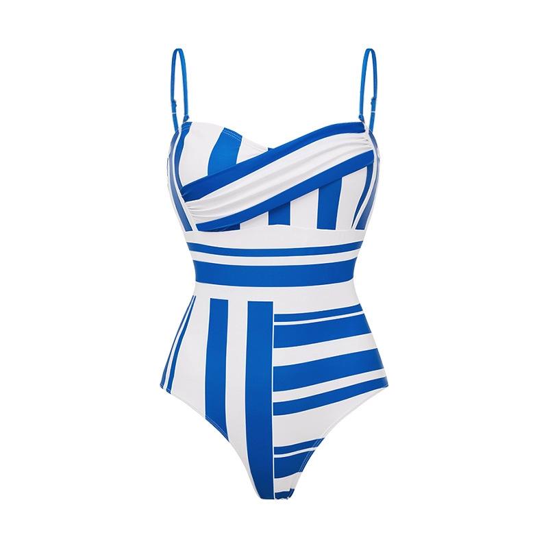 European and American swimwear simple blue-and-white striped one-piece swimsuit set with women s wrap skirt S