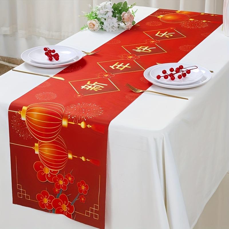 Chinese New Year Red Lantern Linen Table Runner Party Decor Spring Festival Kitchen Dining Table Runner Chinese New Year Decor