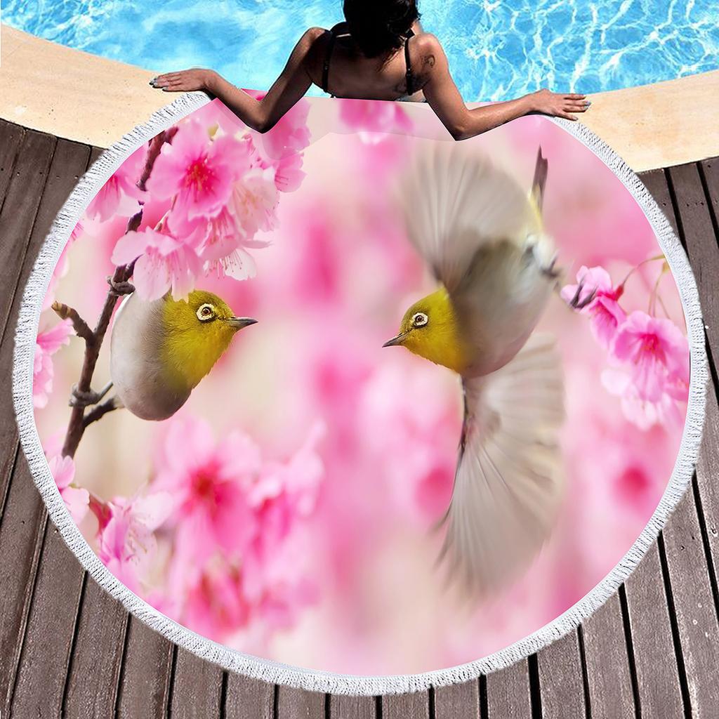 Bird Flower Print Round Beach Towel Microfiber Circle Bath Towels Quick Dry Absorbent Pool Towels Sand Free Shawl Beach Blanket
