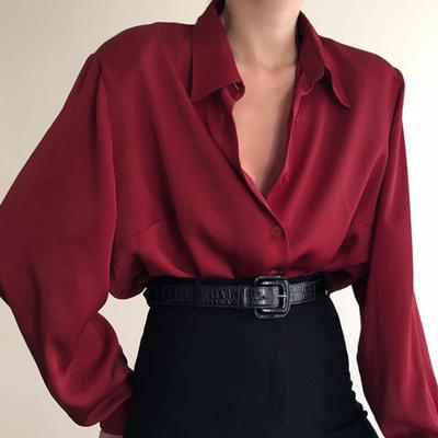 Manches grande taille couleur chaud col rabattu solide simple boutonnage boutons Long Anti-rides trajet femmes haut femmes vêtement