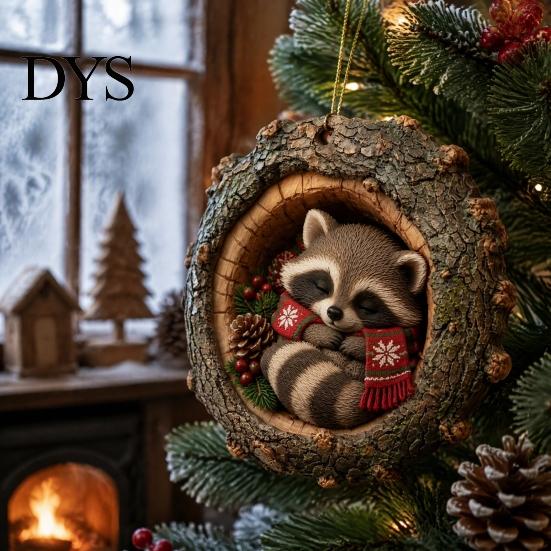 Christmas Tree Pendant Hole Animal Acrylic Ornament, Owl Fox Raccoon Bird Hedgedog Holiday Party Decorations Squirrel Pinecone Pendant, Seasonal