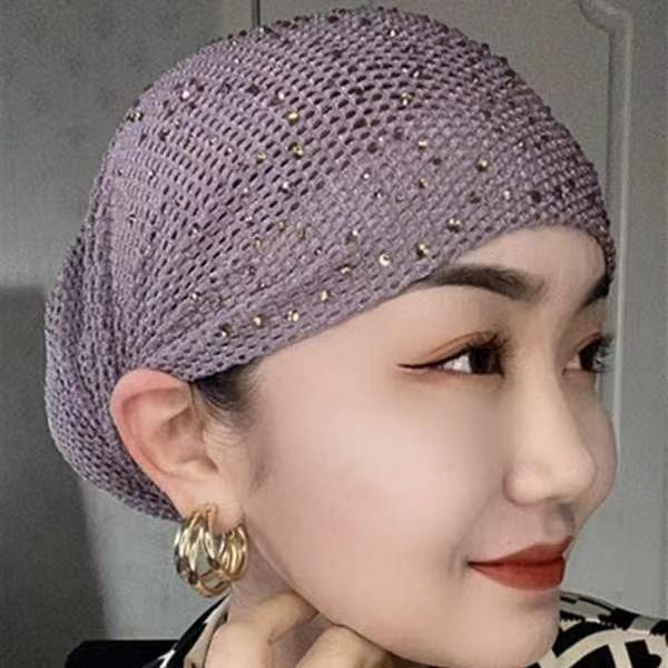 1pc Breathable Mesh Diamonds Turban Hat Elastic Women Summer Lace Head Cover Cap Muslim Headscarf Bonnet Lady Hair Loss Hat