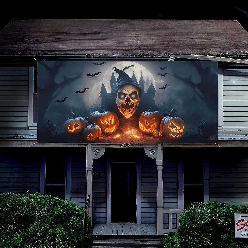 Halloween garage door banner designed with a skeleton wizard - Ghost House Fortress and Bat Background.PMJ