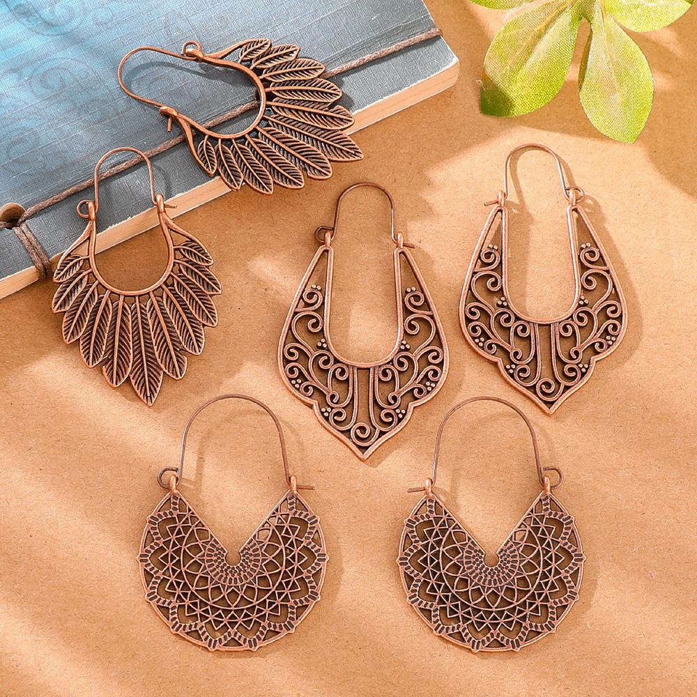 6Pcs Bohemian Ethnic Exquisite Carved Hollow Drop Earrings Women Vintage Geometric Vacation Style Hanging Earrings Daily Jewelry