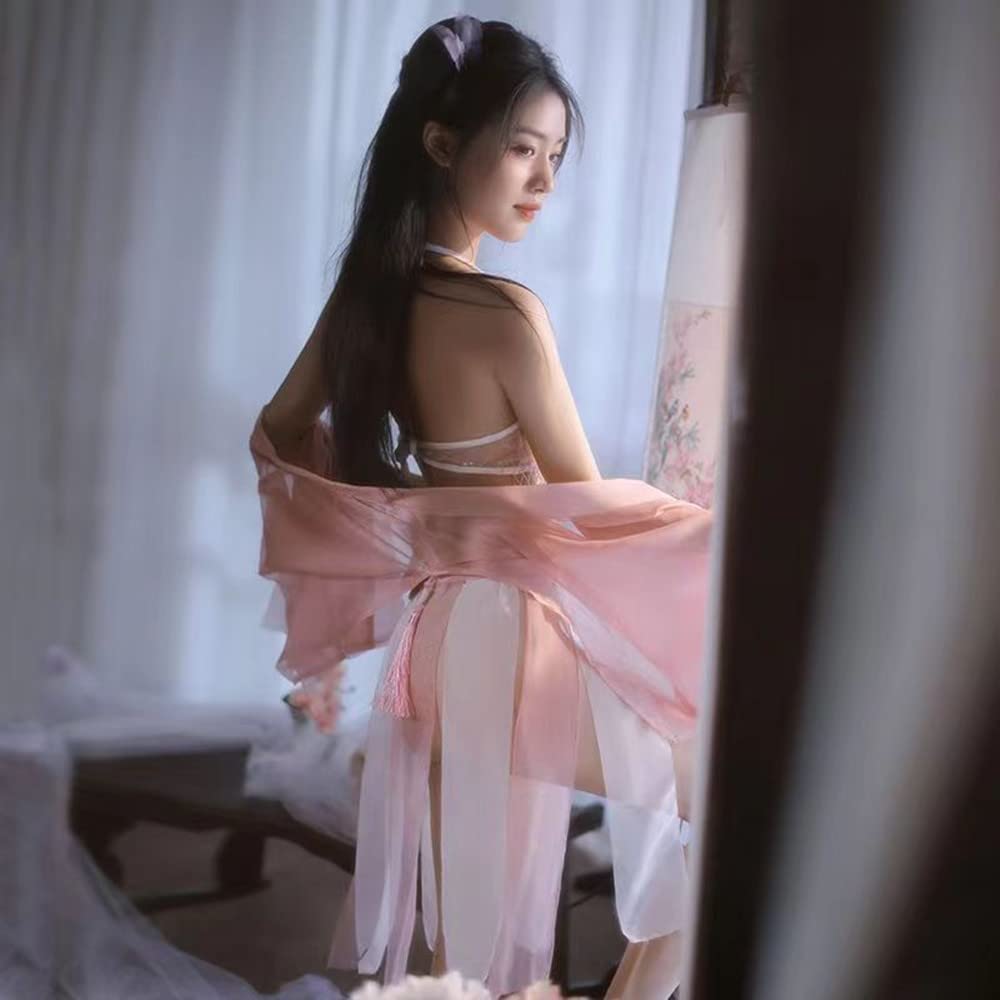Extremely Hanfu Court Soft Chinese Style Maid Maid Photo Free Pink Sheer Halter Neck [Qeozts] Cosplay, Sexy, Sexy, Cute, Set, Style, Temptation,