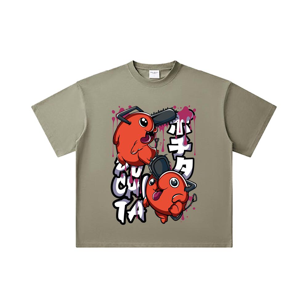 260 GSM Dvojitá příze 32 Počtu 100% Bavlna Chainsaw Man V37 Pochita Potisk Unisex Těžké Bavlněné Tričko