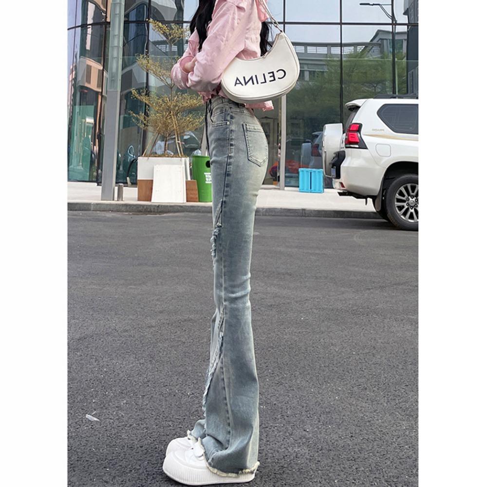 Micro-flared jeans women's spring and autumn new American retro high-waisted rough edge slim and thin horseshoe denim