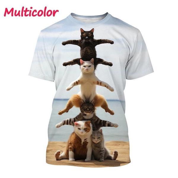 Funny Cute Cat 3D Printing T-Shirt Animal Creative Personality Interesting Street Round Neck Short Sleeve Tees Tops